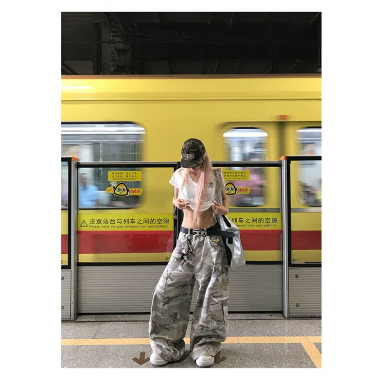 美式复古迷彩弯刀工装裤女新款街头宽松阔腿拖地裤子LN11166-P58,男装工装外套,星座1008