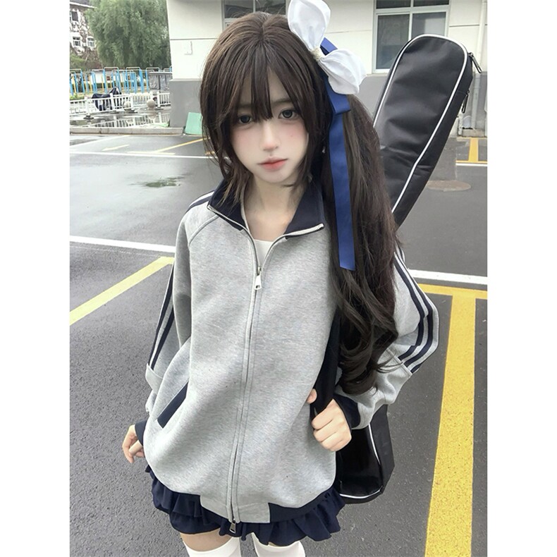 抖音得物高品质美式高街重磅结构设计拼接织带立领卫衣外套CM42，女装短外套，电商A486-1