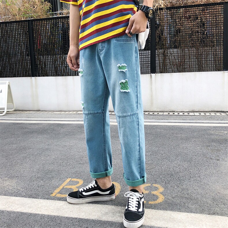 2021港风春夏款男装牛仔裤破洞拼接潮男休闲裤N,男装牛仔裤,星座1013-1