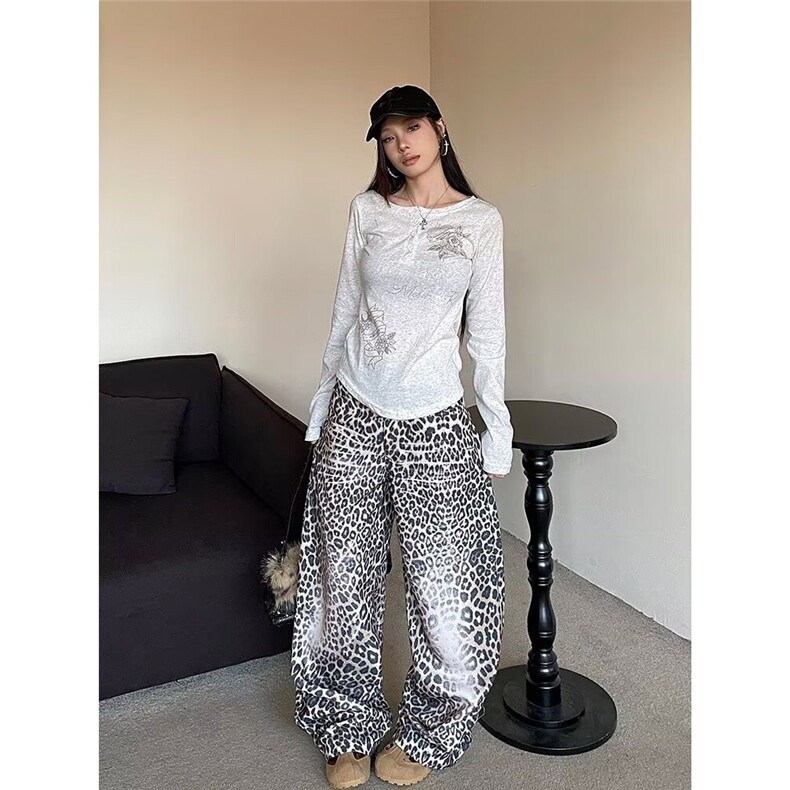 抖音质量阔腿裤2025新款慵懒风宽松显瘦拖地欧美豹纹慵懒风潮长裤,男装休闲裤,星座516A