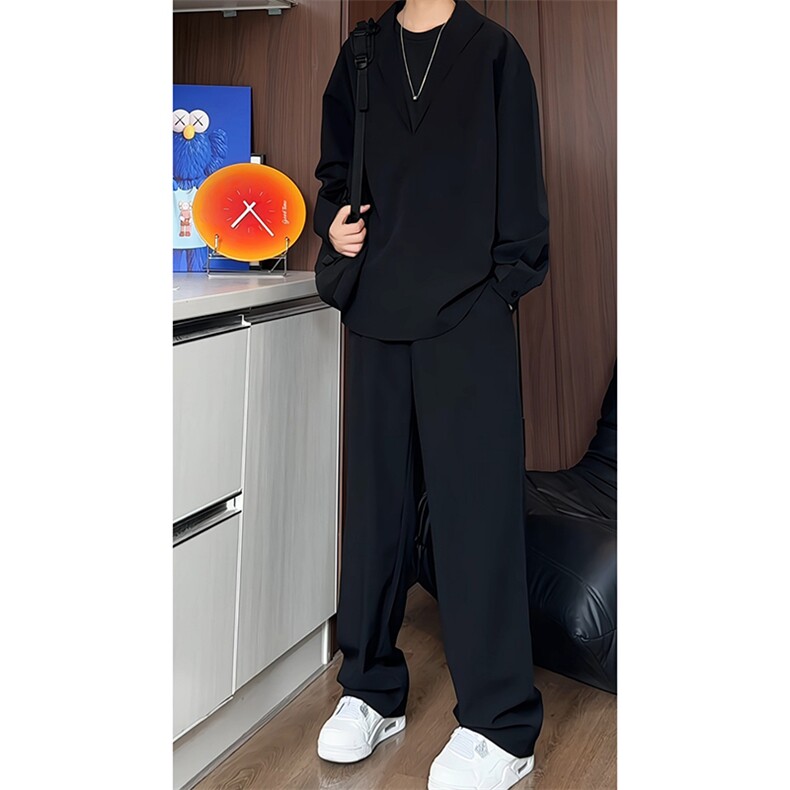 TZ50675068/P65春装长袖V领假两件POLO衬衫长裤套装男休闲老钱风，男装Polo衫，电商A141