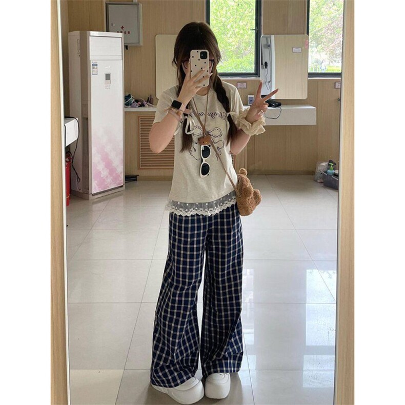 AK2352-P45休闲裤女夏季慵懒风高腰阔腿直筒裤遛弯裤拖地长裤图片