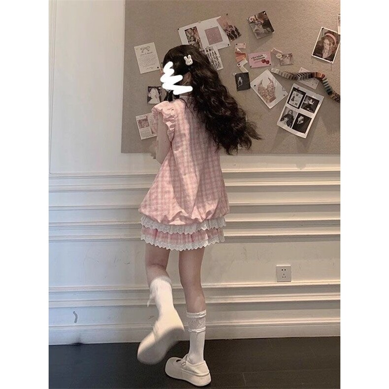 小熊乐园小个子超可爱格子小飞袖连衣裙女宽松甜美显瘦公主短裙,女装连衣裙,星座506A