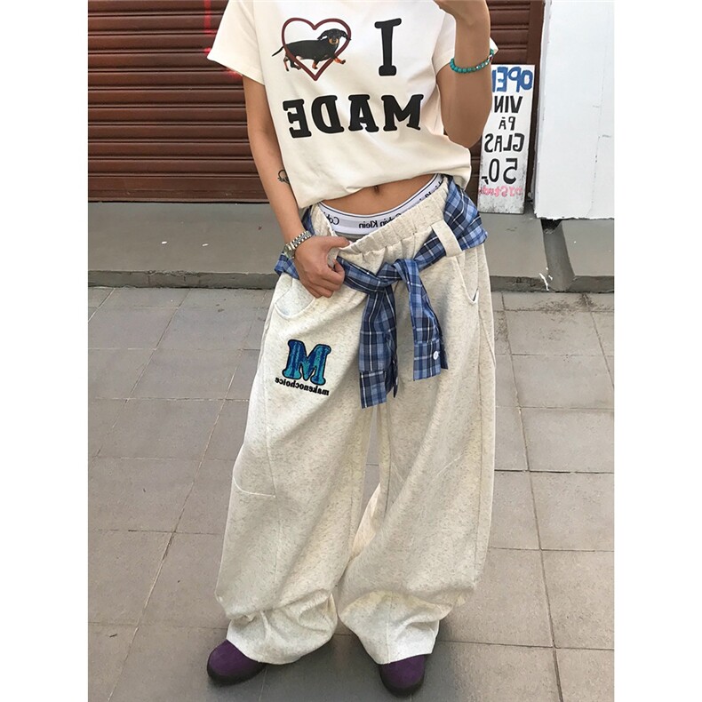 OPUP 拼接格子裙摆结构设计卫裤男女美式复古慵懒风拖地伞兵裤潮图片