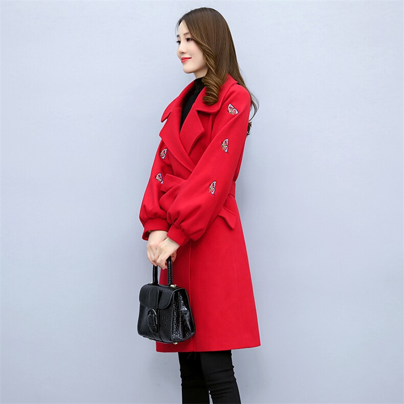 2022冬季新款绣花蝴蝶中长款双排扣毛呢大衣外套,女装毛呢外套,天丝秀