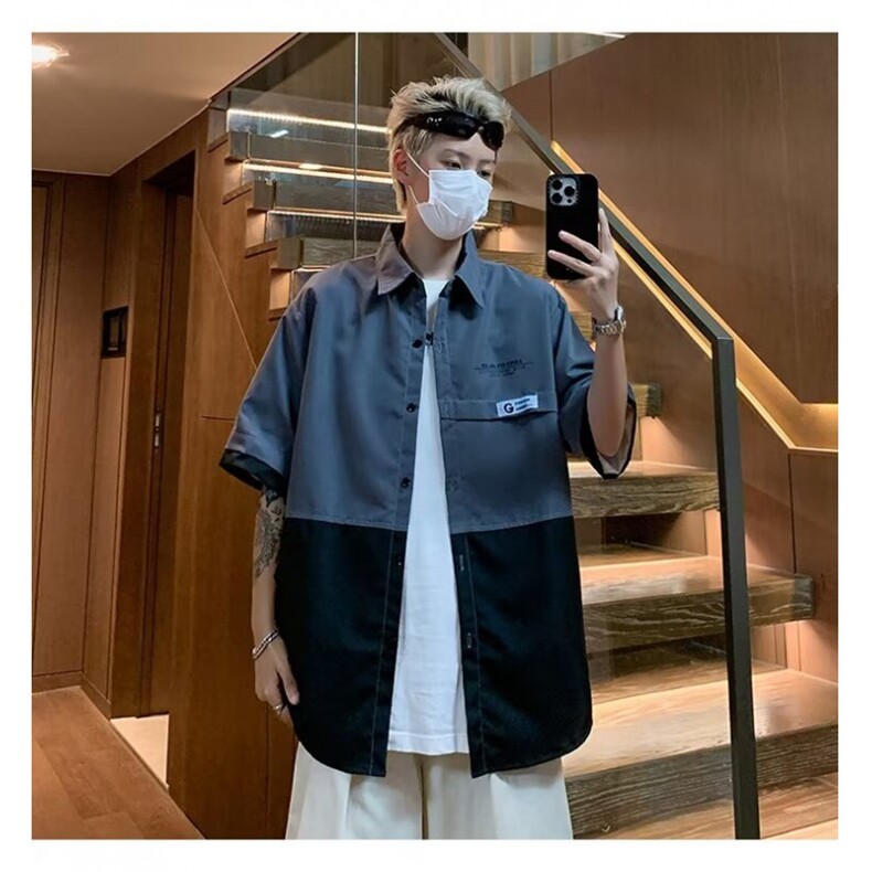衬衫短袖男士夏季薄款休闲港风五分半袖衬衣宽松寸衣工装外套,男装衬衫,星座1013