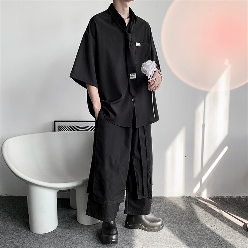 短袖衬衫男日系休闲半袖衬衣夏季上衣冰丝七分袖配领带MC01P33,男装衬衫,星座1116-2