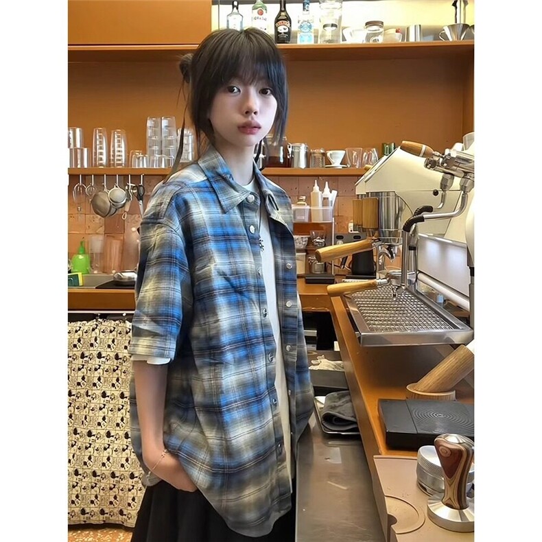 港风格子短袖衬衫男夏季美式复古半袖衬衣高级感痞帅潮,男装T恤,星座410-7