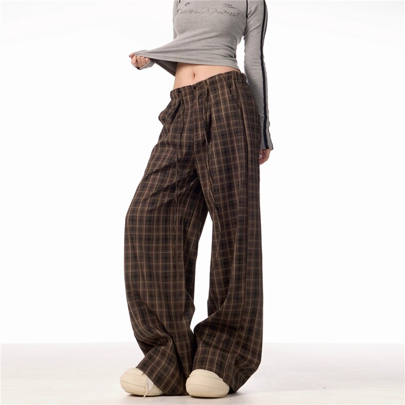 ONLPP秋冬慵懒风复古咖啡格子阔腿裤女宽松显瘦百搭阔腿休闲裤，男装休闲裤，星座506A