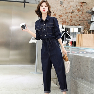 连体裤女2025春秋时尚简约收腰显瘦休闲炸街百搭衬衫领工装连衣裤图片