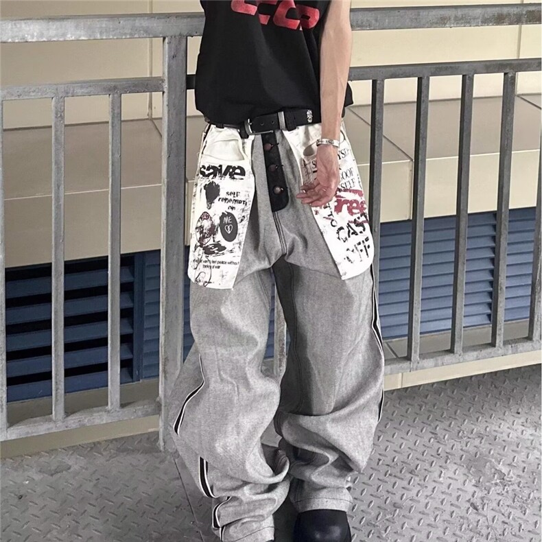 设计感美式复古仿反穿裁剪牛仔裤男秋翻面明线阔腿裤AM7067P51,男装牛仔裤,星座1013-5