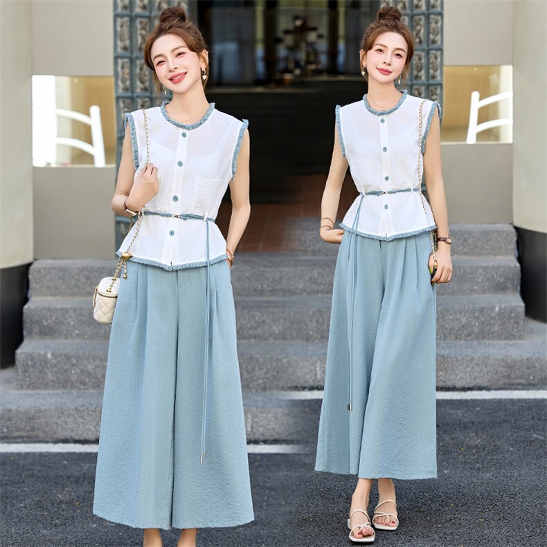 气质新中式风套装女2025夏新款高端复古汉服小香风阔腿裤子两件套，女装套装/套裙，悠米