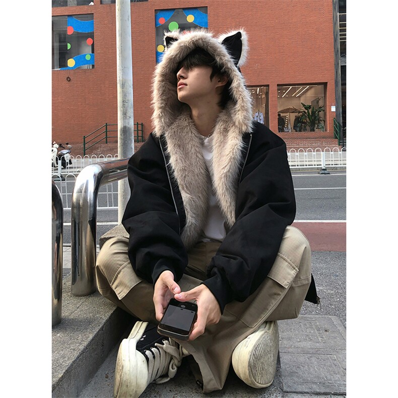 现货重磅硬挺boxy羽绒棉衣座山雕猫耳大毛毛领麂皮棉服冬外套,男装棉衣,电商A486