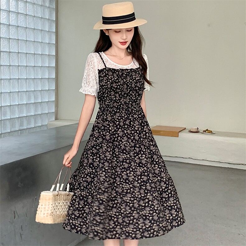 正品哥家女装2025年夏季新款吊带假两件蕾丝拼接碎花连衣裙女裙子，女装连衣裙，心心服饰