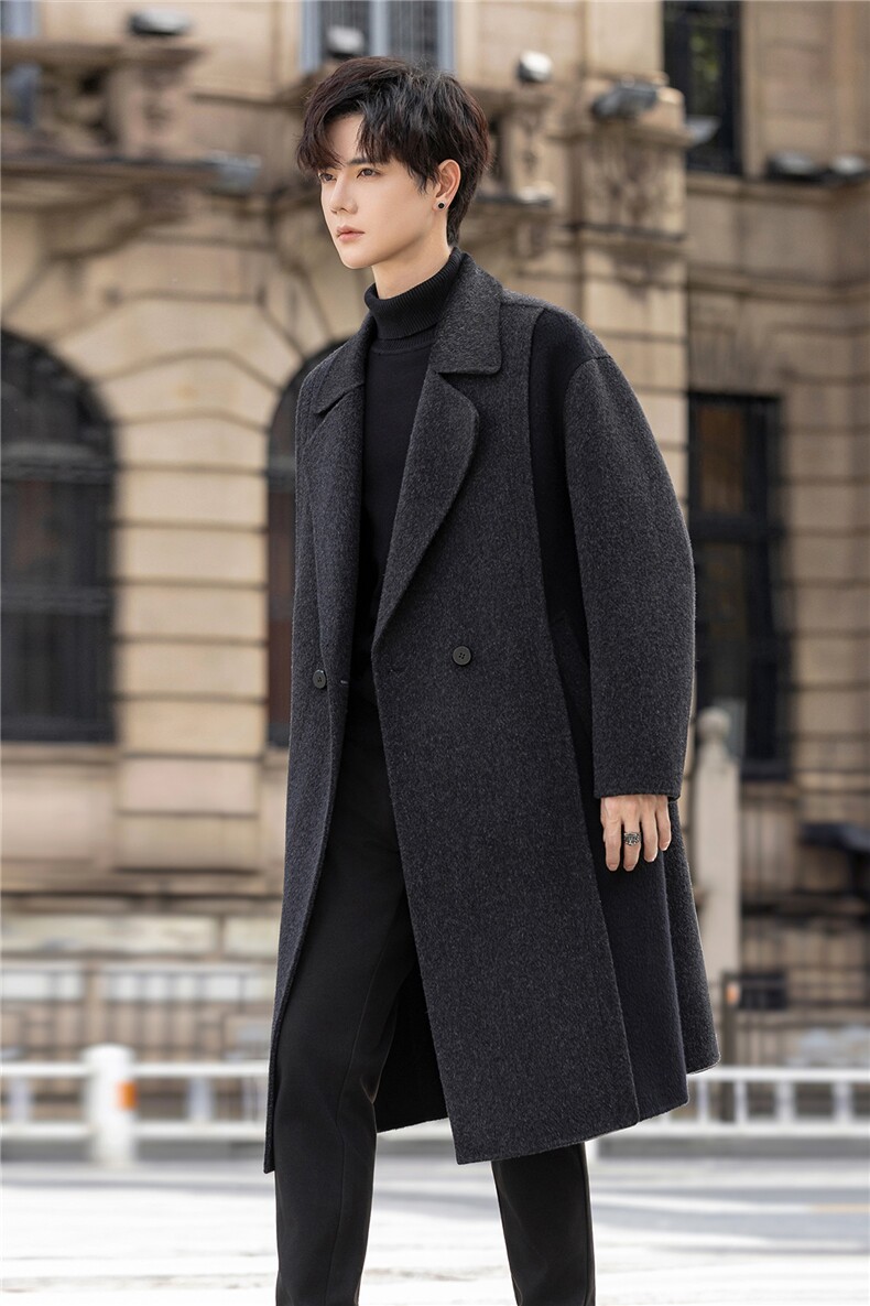 全羊毛呢子大衣男风衣长款冬厚双面毛呢外套拼接AC6686-P420，男装风衣，电商A355（原A415）
