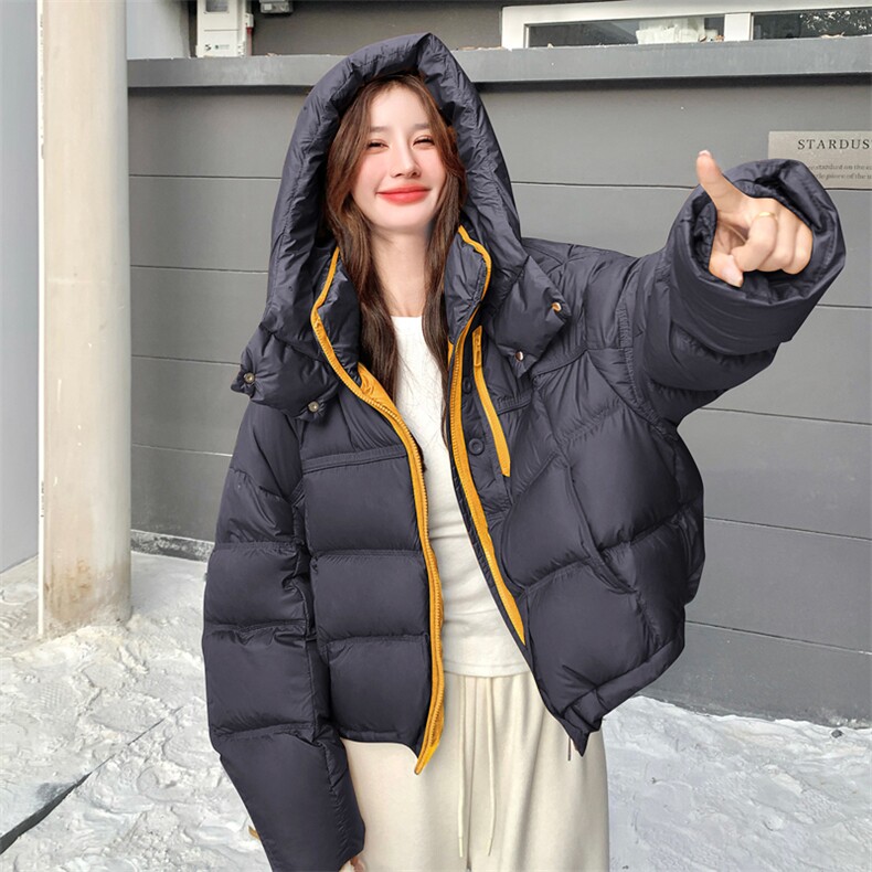 2025冬季新款！流行黄色超好看时尚撞色双拉链面包服羽绒服90绒,女装羽绒服,2C015