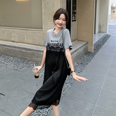 法式慵懒风蕾丝拼接连衣裙女2025夏季新款高级感宽松显瘦T恤裙潮，女装连衣裙，2C029