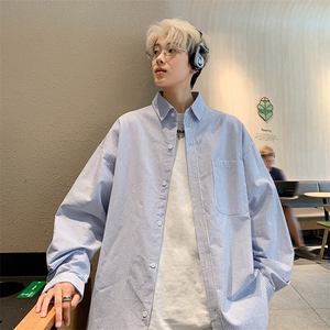 港风大码日系复古慵懒风翻领竖条长袖衬衫 XZ213-GC8824-P60控78图片
