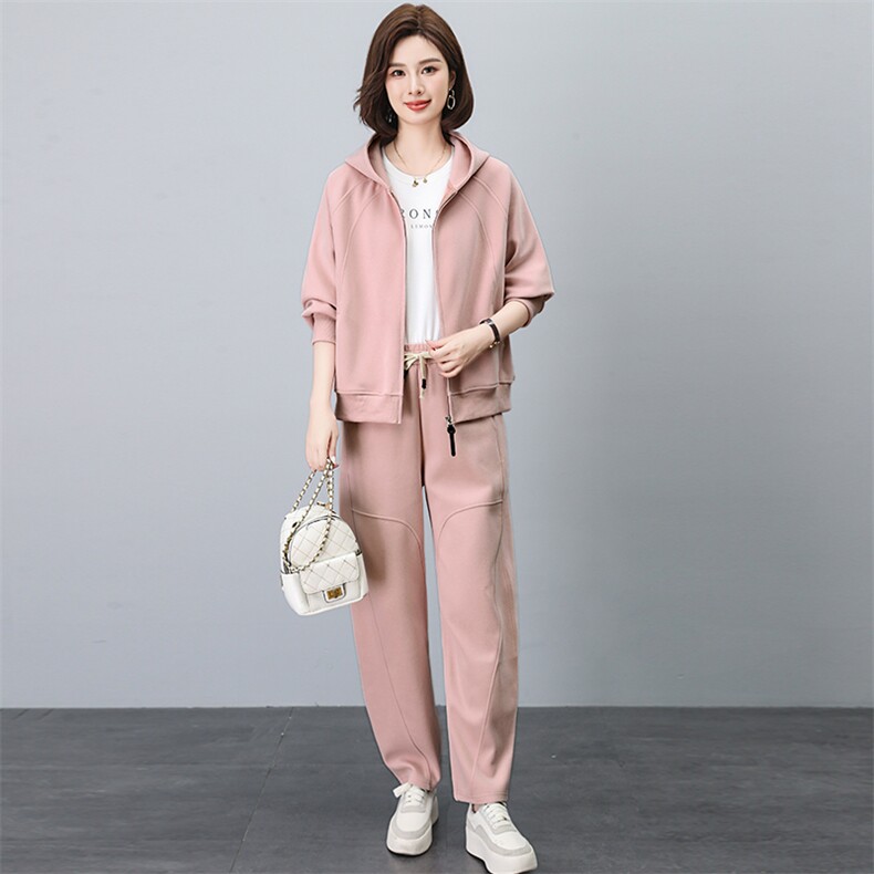 洋气套装女中年妈妈装连帽卫衣外套2026春秋新款大码运动服一整套,女装套装/套裙,独衣靓