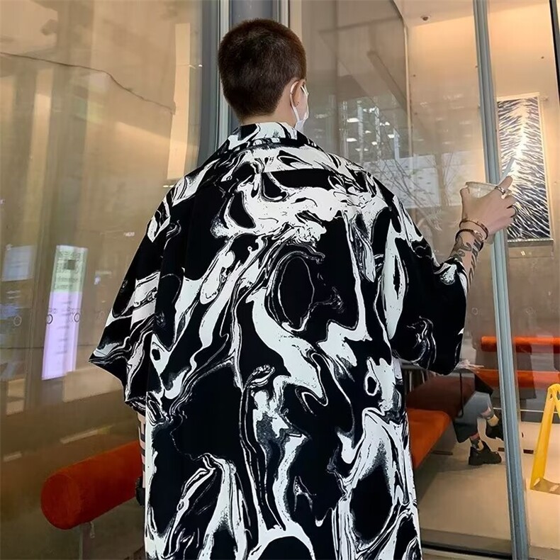 夏季冰丝扎染短袖衬衫男休闲高街美式痞帅日系复古潮牌垂感薄衬衣,男装衬衫,星座410-7