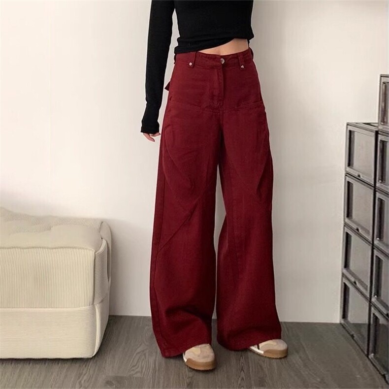 安可拉红牛仔裤阔腿裤女2024秋季新款高腰百搭显瘦休闲拖地长裤子,男装牛仔裤,星座506A