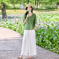 时尚洋气刺绣棉麻套装女2026夏季新款宽松遮肉显瘦阔腿裤两件套，女装套装/套裙，魅影