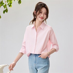 2026春夏新款显瘦清新减龄粉白条纹衬衫女设计感小众宽松叠穿衬衣，女装衬衫，艾米