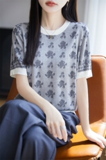 25年拼色莱赛尔天丝针织短袖T恤女圆领提花上衣宽松半袖打底上衣，女装针织衫/毛衣，郡淞羊绒