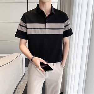 轻熟风青年条纹撞色拼接翻领Polo衫短袖体恤PL15/P50特控68，男装T恤，电商A243