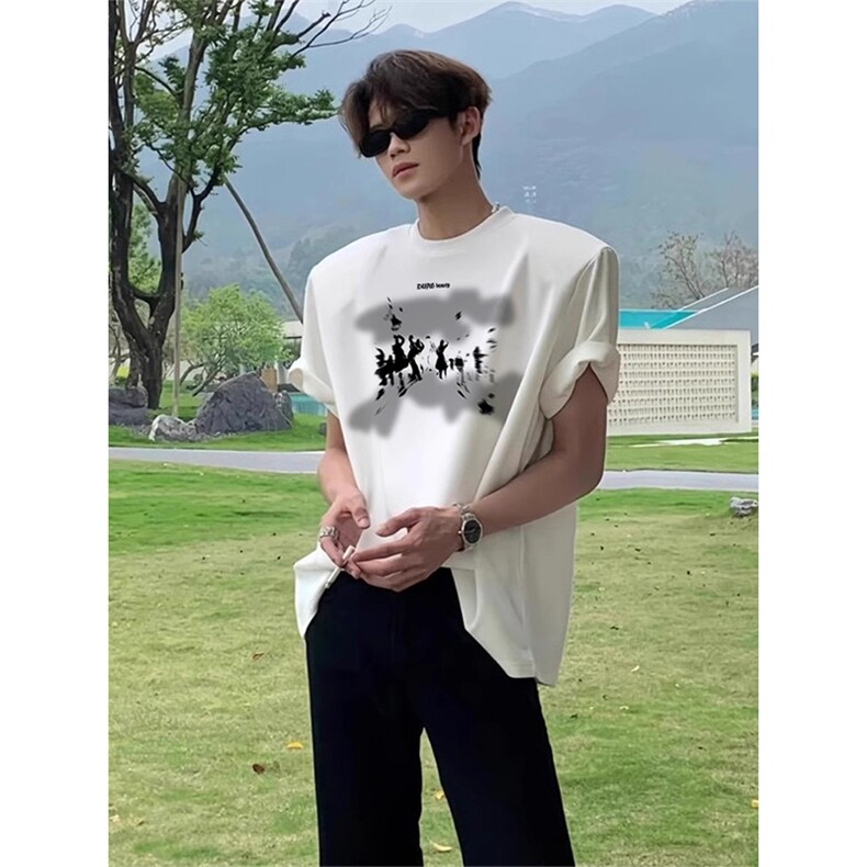 抖音得物供货210克现货宽松纯棉美式潮牌印花落肩袖纯棉T恤AT2138，男装T恤，电商A443