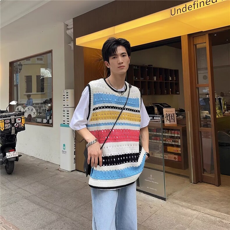 762-P33美式撞色条纹背心男款春季潮牌针织镂空衣服坎肩毛衣无袖,男装T恤,电商B323A