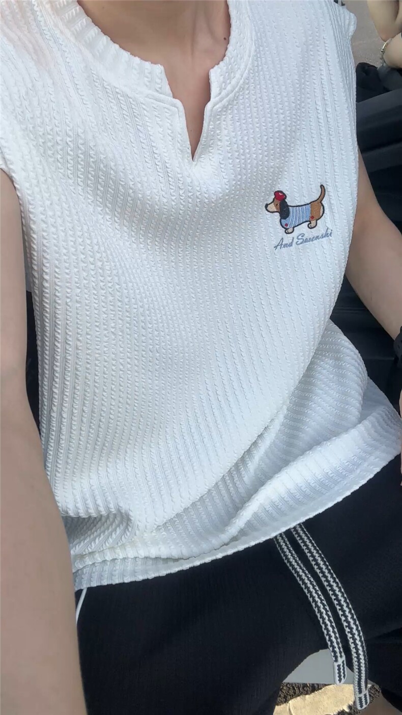 刺绣腊肠小狗背心男款夏季外穿无袖T恤肌理感冰丝凉感美式v领汗衫,男装背心/马甲,星座809A(原222-1)