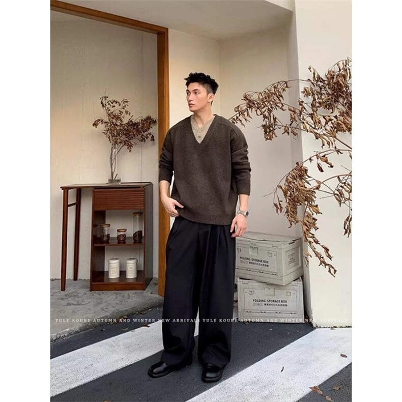美拉德撞色拼接双V领毛衣男款秋冬季韩版宽松慵懒风假两件针织衫,男装针织衫/毛衣,星座506A