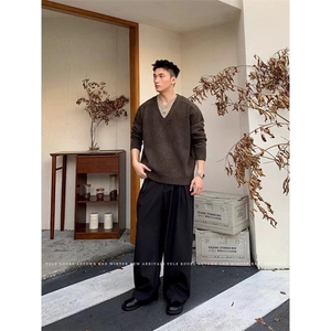 美拉德撞色拼接双V领毛衣男款秋冬季韩版宽松慵懒风假两件针织衫图片