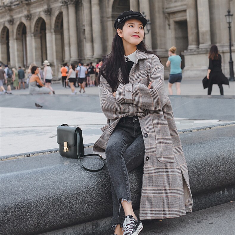 2020年冬季格子束袖哭得中长款气质舒适修身百搭毛呢外套,女装毛呢外套,浙宝152