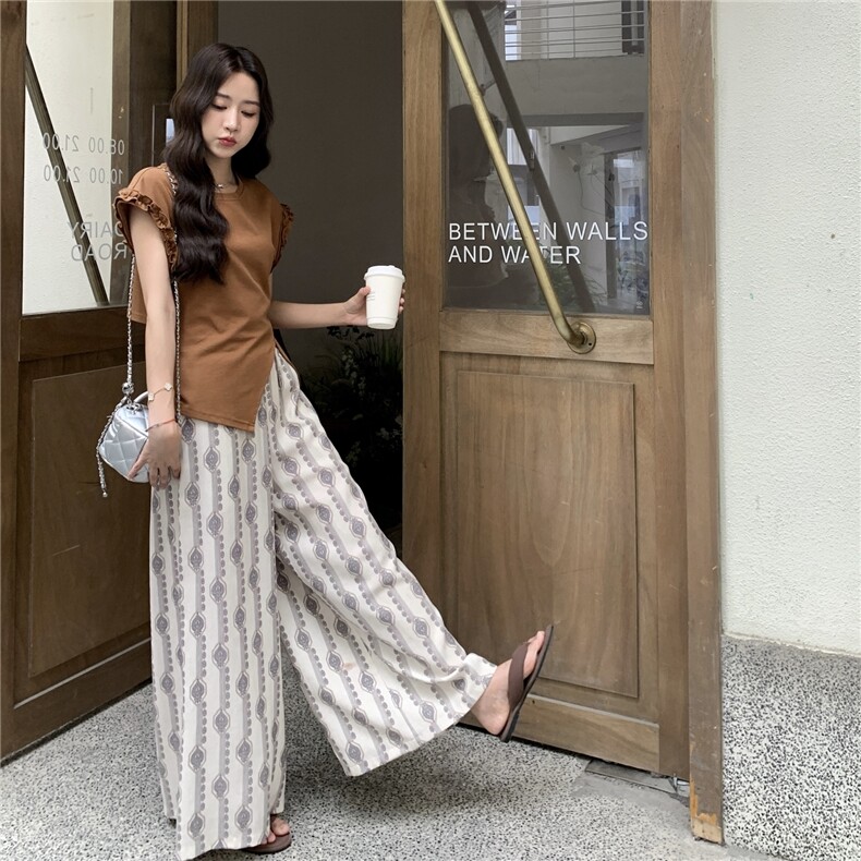 时髦木耳边拼接开叉T恤两件套女2025韩系简约印花直筒阔腿裤套装,女装套装/套裙,秋水欣儿