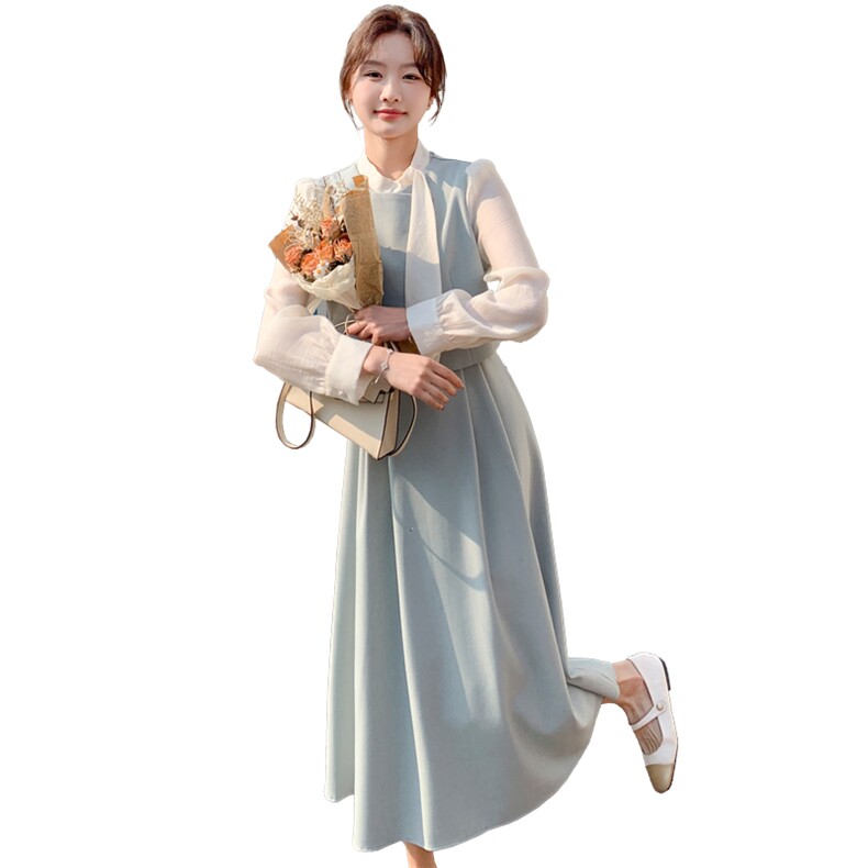 假两件拼接长袖连衣裙女2025春季新款法式高级感气质显瘦衬衫长裙,女装连衣裙,幸运星