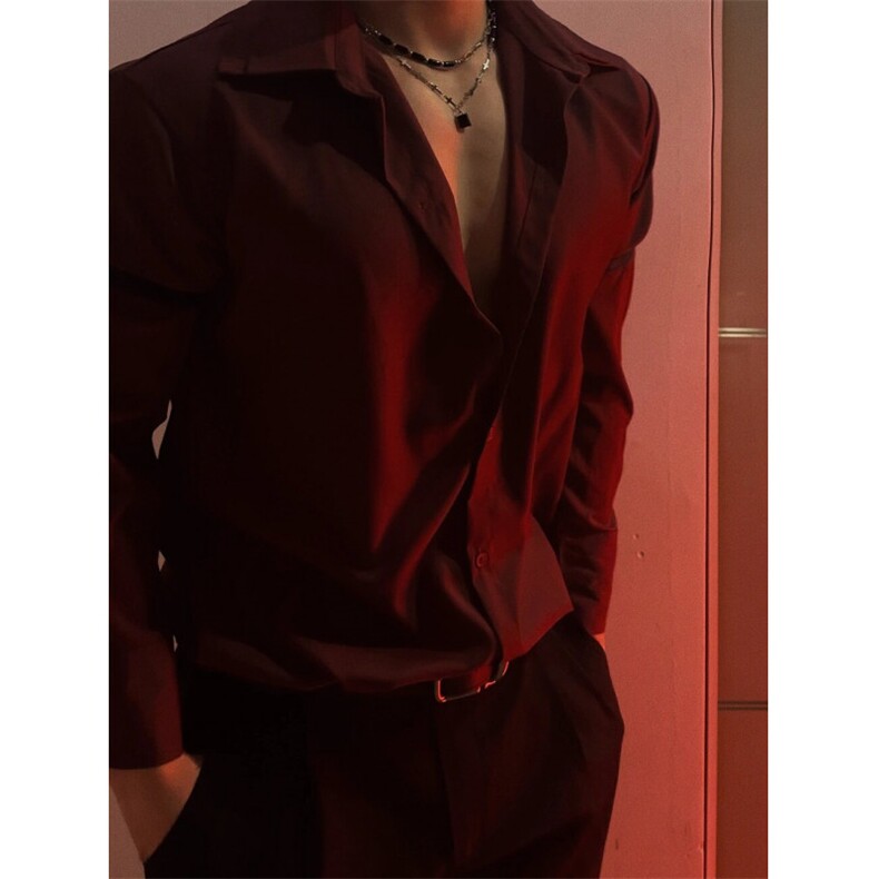 枫叶红cos服韩系穿搭衬衣男生禁欲系衣服西装内搭酒红色衬衫男,男装衬衫,星座1007（原301D）