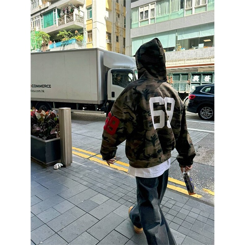 刺绣迷彩连帽开衫卫衣男女潮流痞帅宽松百搭帽衫情侣外套WY226,女装短外套,星座208-5