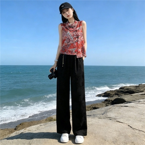 女夏季新款唐装时尚气质套装民族风立领提花无袖上衣阔腿裤两件套图片