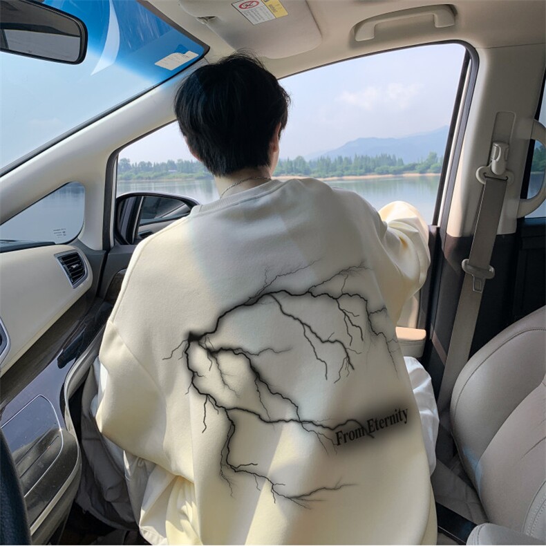 抖音品质秋季新款闪电印花宽松仿棉圆领卫衣wycm5001-特批28控49,男装卫衣,星座605(原A050)