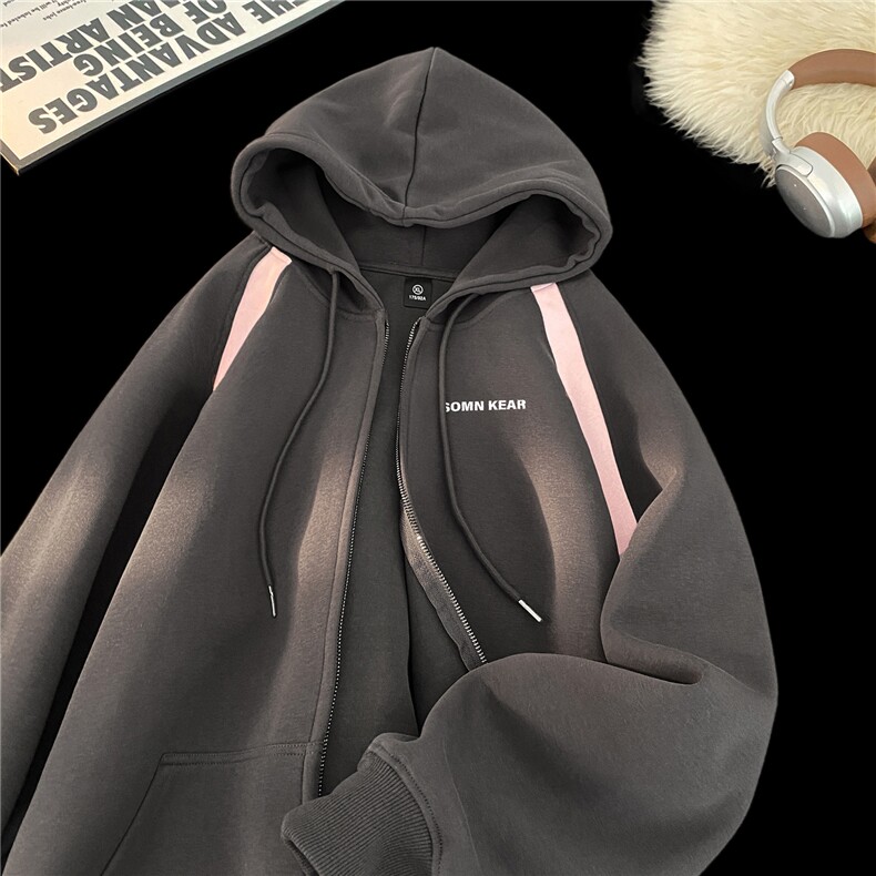 加绒加厚500克重磅撞色开衫连帽宽松卫衣男外套RH8105-P68加绒78，女装短外套，星座610B-1