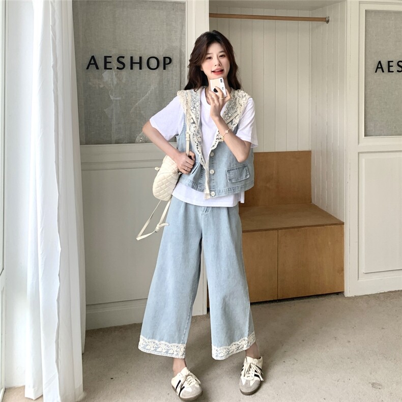 韩系蕾丝减龄套装女2025夏新款穿搭连帽马甲短袖T恤阔腿裤三件套图片