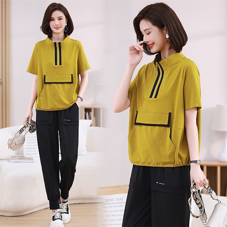 现货2023夏季新款半拉链拼接撞色卫衣休闲宽松套装，女装套装/套裙，深水步