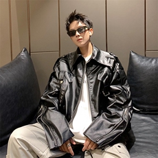 美式复古高街白色皮衣外套男春秋款潮牌小众高级感短款机车服夹克，男装夹克，星座410-7