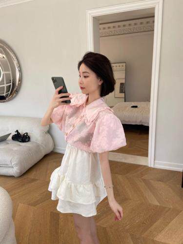 粉色剪花落肩泡泡袖衬衫，女装衬衫，ceelphy