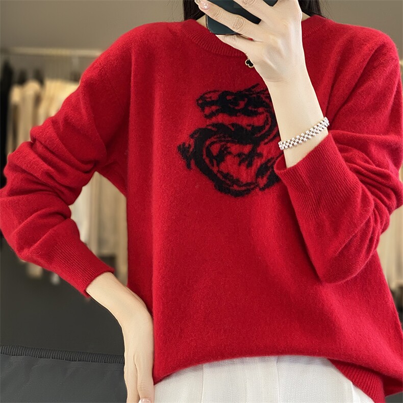 时尚潮流通勤常规2024年秋冬季新款圆形龙图案羊毛圆领羊毛衫,女装羊毛衫,丽特绒