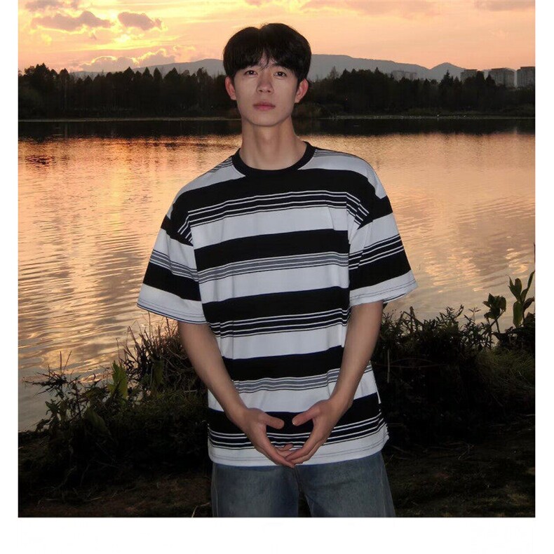条纹短袖t恤男夏季圆领黑白条纹上衣男日系简约休闲半袖,男装T恤,星座506B