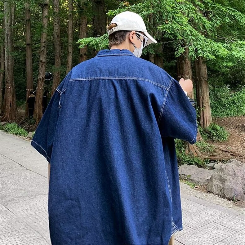 明线工装牛仔衬衫5分短袖日系廓形设计衬衣男女夏季薄外套-CS005,男装衬衫,星座601-2