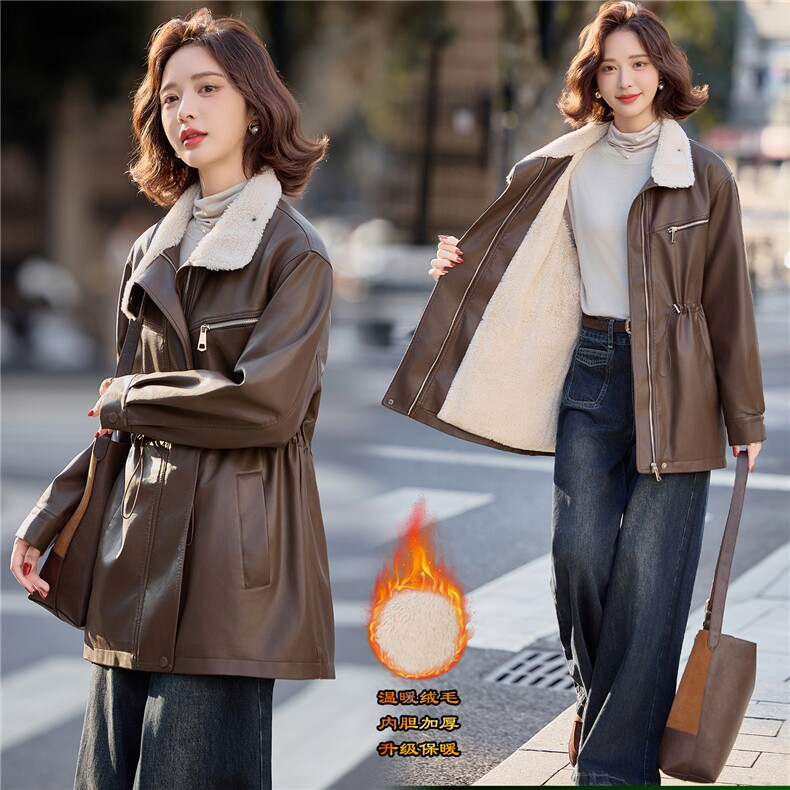 【冬季新款】大量现货时尚休闲中长款加绒加厚保暖派克服加绒皮棉，女装皮衣，魅衣本色